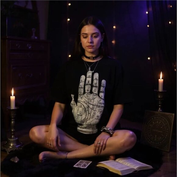 Palm Reader Graphic Tee W/ Occult Design & White Print – Blackcraft Unisex NWT - Picture 1 of 4